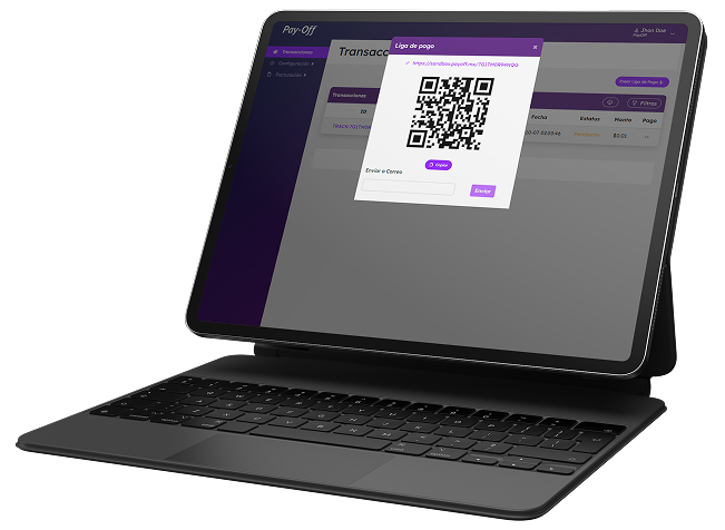 Pay-Off en iPad mostrando liga de pago con código QR