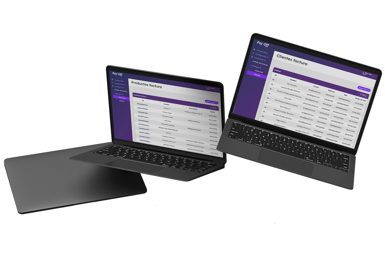 Pay-Off en dos laptops mostrando Productos y Clientes